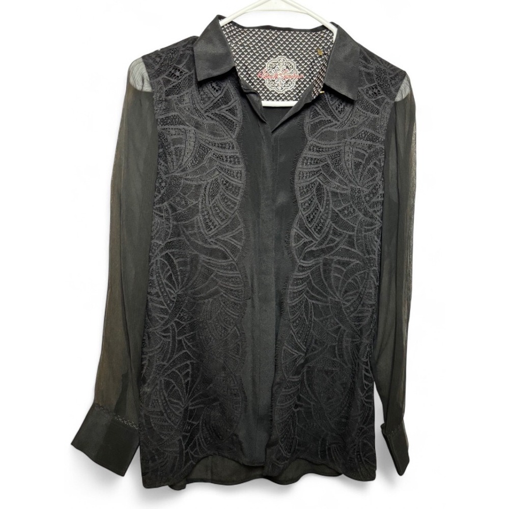 Robert Graham Womens Black 100% Silk Lace Front Sheer Sleeve Blouse Size S